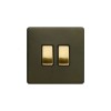 Bronze And Brushed Brass 10A 2 Gang 2 Way Switch Black Inserts Screwless