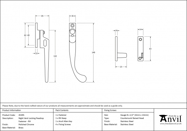 Polished Chrome Night-Vent Locking Peardrop Fastener - RH