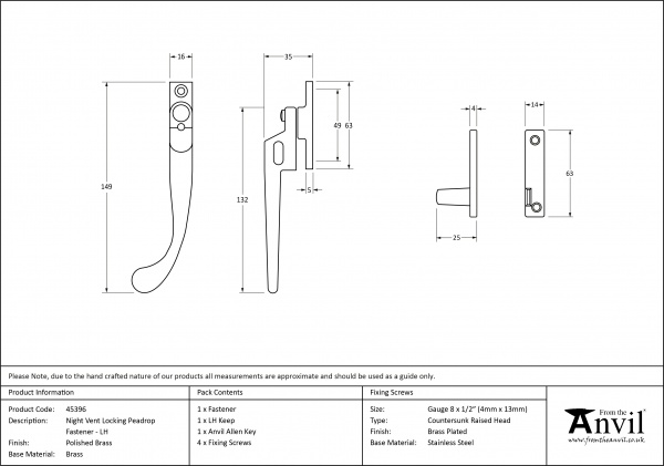 Polished Brass Night-Vent Locking Peardrop Fastener - LH