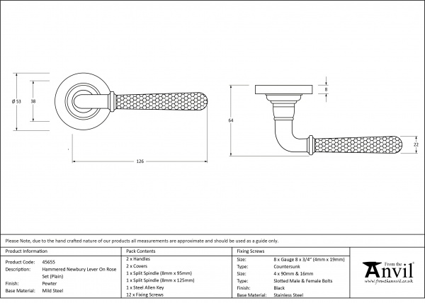 Pewter Hammered Newbury Lever on Rose Set (Plain Rose)