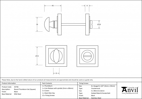 Black Round Thumbturn Set (Square Rose)