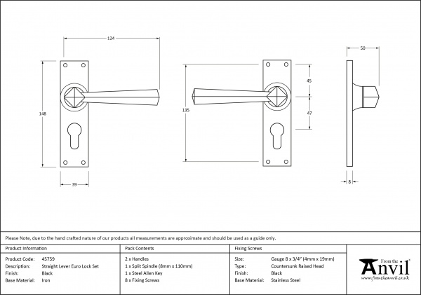 Black Straight Lever Euro Lock Set