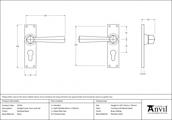 Polished Brass Straight Lever Euro Lock Set