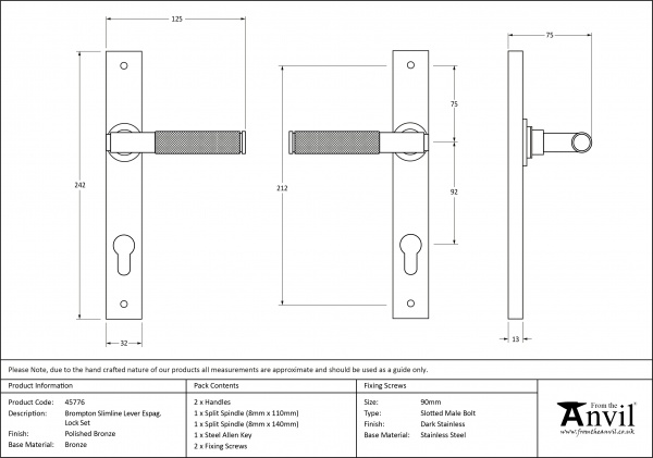 Polished Bronze Brompton Slimline Espag. Lock Set