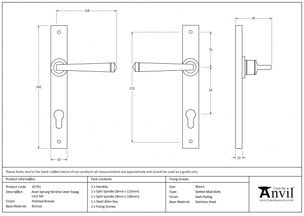 Polished Bronze Avon Slimline Espag. Lock Set