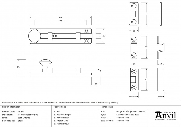 Satin Chrome 4'' Universal Bolt