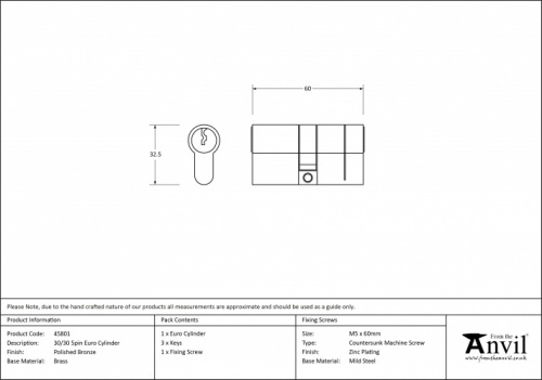 Polished Bronze 30/30 5pin Euro Cylinder