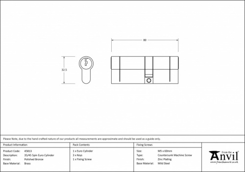 Polished Bronze 35/45 5pin Euro Cylinder