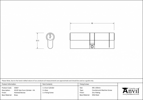 Polished Bronze 45/45 5pin Euro Cylinder KA