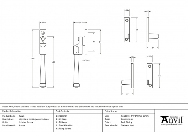 Polished Bronze Night-Vent Locking Avon Fastener