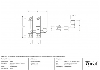 Polished Nickel Mushroom Quadrant Fastener - Narrow