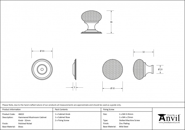 Polished Nickel Hammered Mushroom Cabinet Knob 32mm