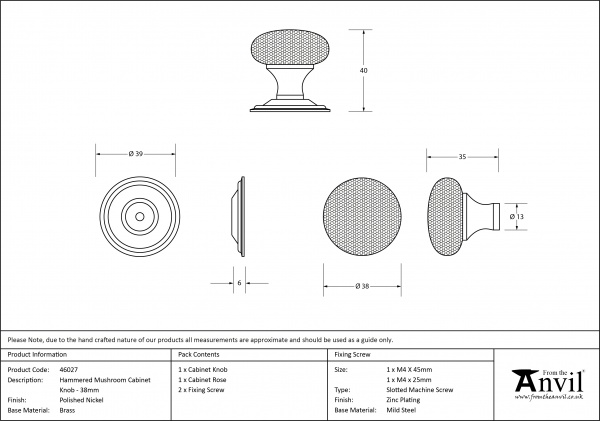 Polished Nickel Hammered Mushroom Cabinet Knob 38mm