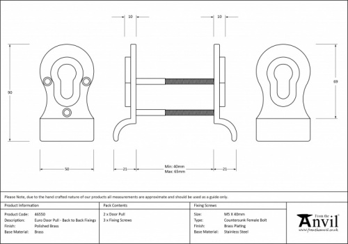 Polished Brass 50mm Euro Door Pull (Back to Back fixings)