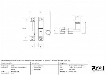 Polished Bronze Brompton Quadrant Fastener - Narrow