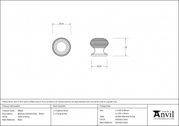 Satin Chrome Beehive Cabinet Knob 30mm