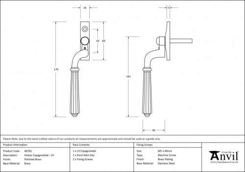 Polished Brass Hinton Espag - LH