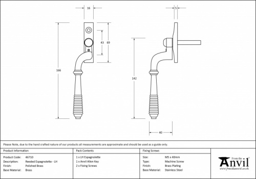 Polished Brass Reeded Espag - LH