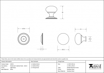 Aged Brass Mushroom Cabinet Knob 32mm