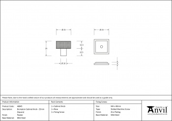 Pewter Brompton Cabinet Knob - 25mm (Square)