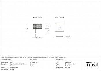 Polished SS (304) Brompton Cabinet Knob - 25mm (Square)