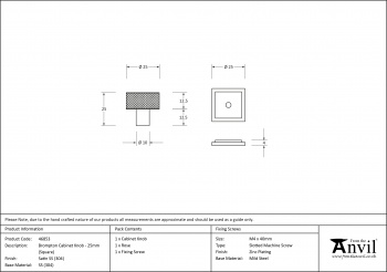 Satin SS (304) Brompton Cabinet Knob - 25mm (Square)