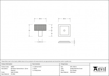 Satin SS (304) Brompton Cabinet Knob - 32mm (Square)