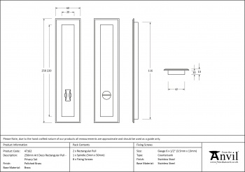 Polished Brass 250mm Art Deco Rectangular Pull - Privacy Set