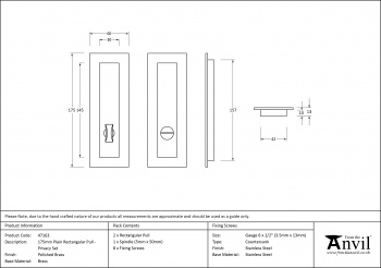 Polished Brass 175mm Plain Rectangular Pull - Privacy Set