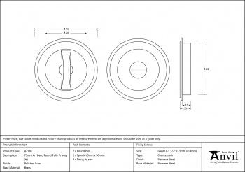 Polished Brass 75mm Art Deco Round Pull - Privacy Set