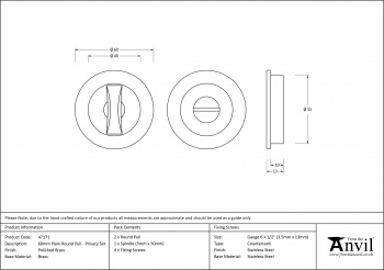 Polished Brass 60mm Plain Round Pull - Privacy Set