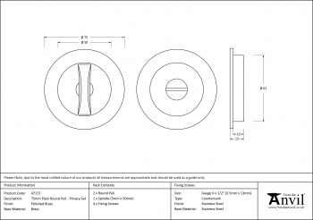 Polished Brass 75mm Plain Round Pull - Privacy Set