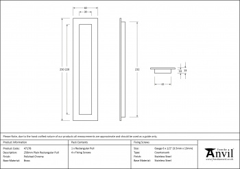 Polished Chrome 250mm Plain Rectangular Pull