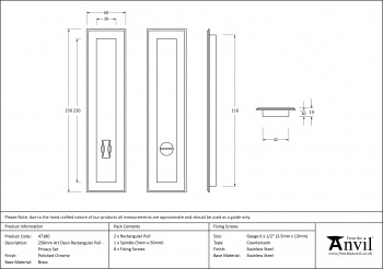 Polished Chrome 250mm Art Deco Rectangular Pull - Privacy Set