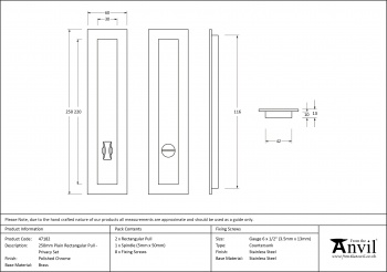 Polished Chrome 250mm Plain Rectangular Pull - Privacy Set