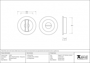 Polished Chrome 60mm Plain Round Pull - Privacy Set