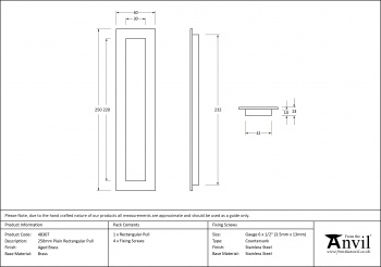 Aged Brass 250mm Plain Rectangular Pull