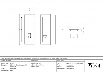 Aged Brass 175mm Art Deco Rectangular Pull - Privacy Set