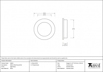 Aged Brass 60mm Plain Round Pull