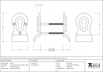 Polished Marine SS (316) 50mm Euro Door Pull (Back to Back fixings)