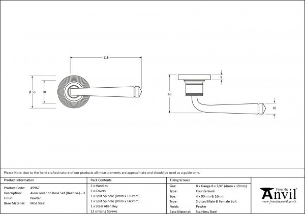 Pewter Avon Round Lever on Rose Set (Beehive Rose) - Unsprung