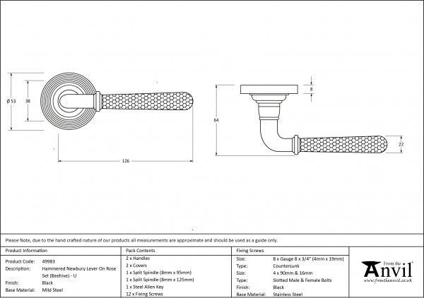 Black Hammered Newbury Lever on Rose Set (Beehive Rose) - Unsprung