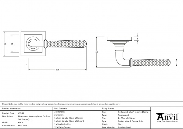 Black Hammered Newbury Lever on Rose Set (Square Rose) - Unsprung