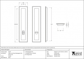 Pewter 250mm Art Deco Rectangular Pull - Privacy Set