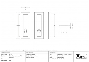 Pewter 175mm Plain Rectangular Pull - Privacy Set