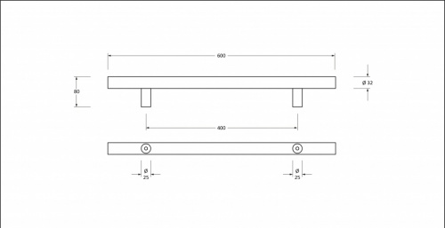 Satin SS (316) 0.6m T Bar Handle Bolt Fix 32mm 