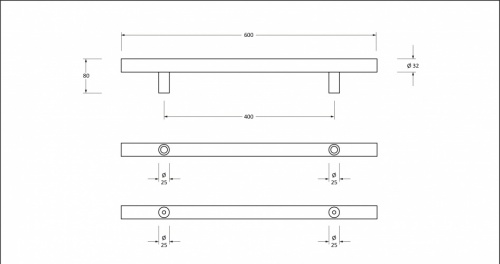 Satin SS (316) 0.6m T Bar Handle B2B Fix 32mm 