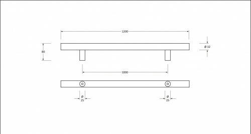 Satin SS (316) 1.2m T Bar Handle Bolt Fix 32mm 