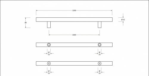 Satin SS (316) 1.2m T Bar Handle B2B Fix 32mm 