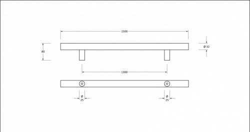 Satin SS (316) 1.5m T Bar Handle Bolt Fix 32mm 